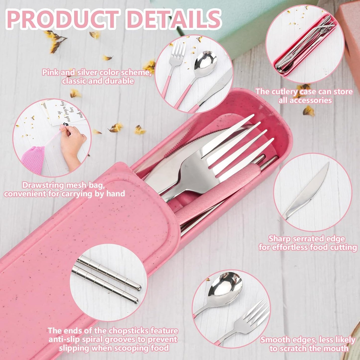 JEPELUS Pink Travel Utensils Set with Case, 10 Pieces Camping Cutlery Set Portable Reusable Flatware Silverware for Lunch Box, Stainless Steel Spoon Fork Chopsticks Knife Straws Sets, Dishwasher Safe
