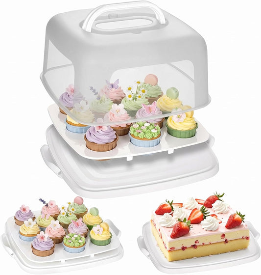VGOODALL Cupcake and Cake Container with Lid, White Square Cake Carrier 12 Capacity Cup Dessert Holder with Handle for Pie Muffin Cobbler Family Picnics and Party Events, 3-in-1 Design