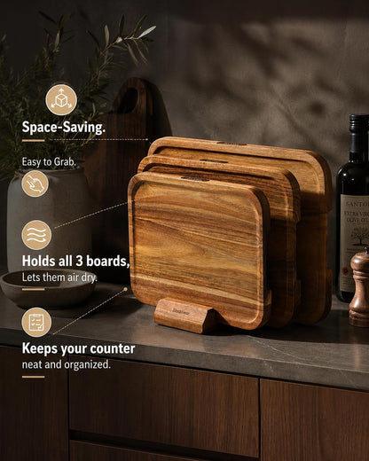 Starkbear Acacia Wood Cutting Board Set of 3 with Stand, Core-Cut Non Slip Wooden Chopping Block, Sloped Juice Groove Reversible Charcuterie Serving Tray for Modern Kitchen Gift