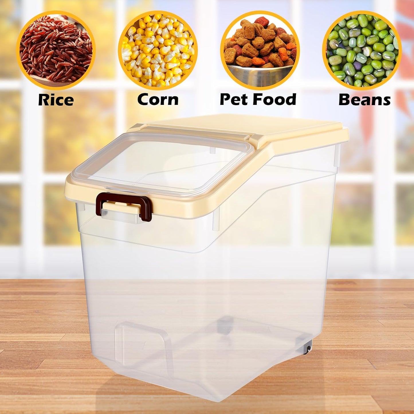 Sunnyray 4 Pcs Rice Storage Containers Bulk Flour Sugar Container Wheels Measuring Cups Set Airtight Pet Dog Cat Birds Food Bin Grain Cereal Organizer Box for Dry Baking (Beige,38 lb)