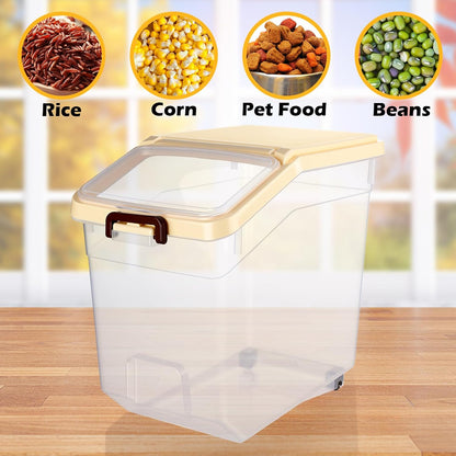 Sunnyray 4 Pcs Rice Storage Containers Bulk Flour Sugar Container Wheels Measuring Cups Set Airtight Pet Dog Cat Birds Food Bin Grain Cereal Organizer Box for Dry Baking (Beige,38 lb)