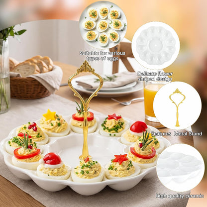 Potchen Multi Tier Ceramic Deviled Egg Platter Deviled Egg Tray Container, Detachable Eggs Holder Tower Wedding Party Food Container for Kitchen Countertop Microwave Dishwasher Freezer(Flower,3 Tier)
