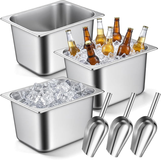 meekoo 3 Pcs 14L Portable Ice Bin and Metal Scoop Set, Insulated Party Ice Bucket Stainless Steel Beverage Tub Storage Container Food Scoops for Freezer Cocktail Bar Party Barbeque Camping