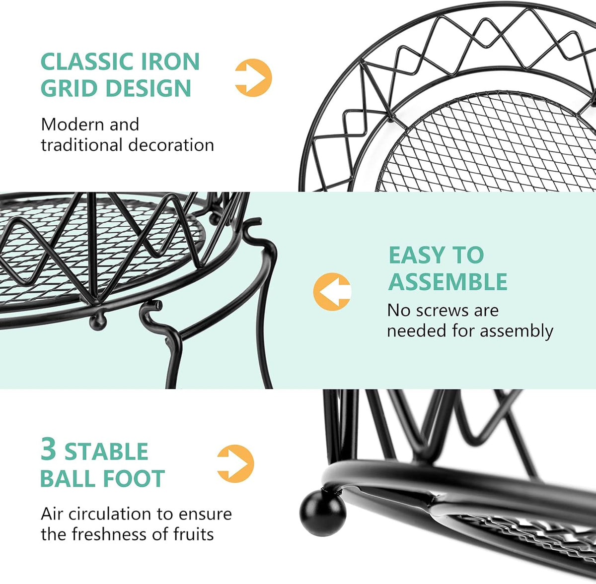 3 Tier Fruit Basket with 2 Banana Hangers for Kitchen Counter | 3-Tier Detachable Design,Metal Wire Construction, Wooden Handle, Large Capacity, Multi-Purpose Organizer,Mesh Basket