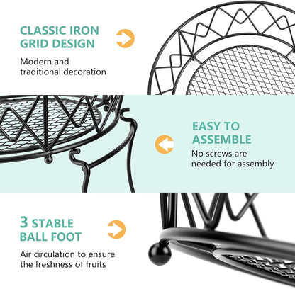 3 Tier Fruit Basket with 2 Banana Hangers for Kitchen Counter | 3-Tier Detachable Design,Metal Wire Construction, Wooden Handle, Large Capacity, Multi-Purpose Organizer,Mesh Basket