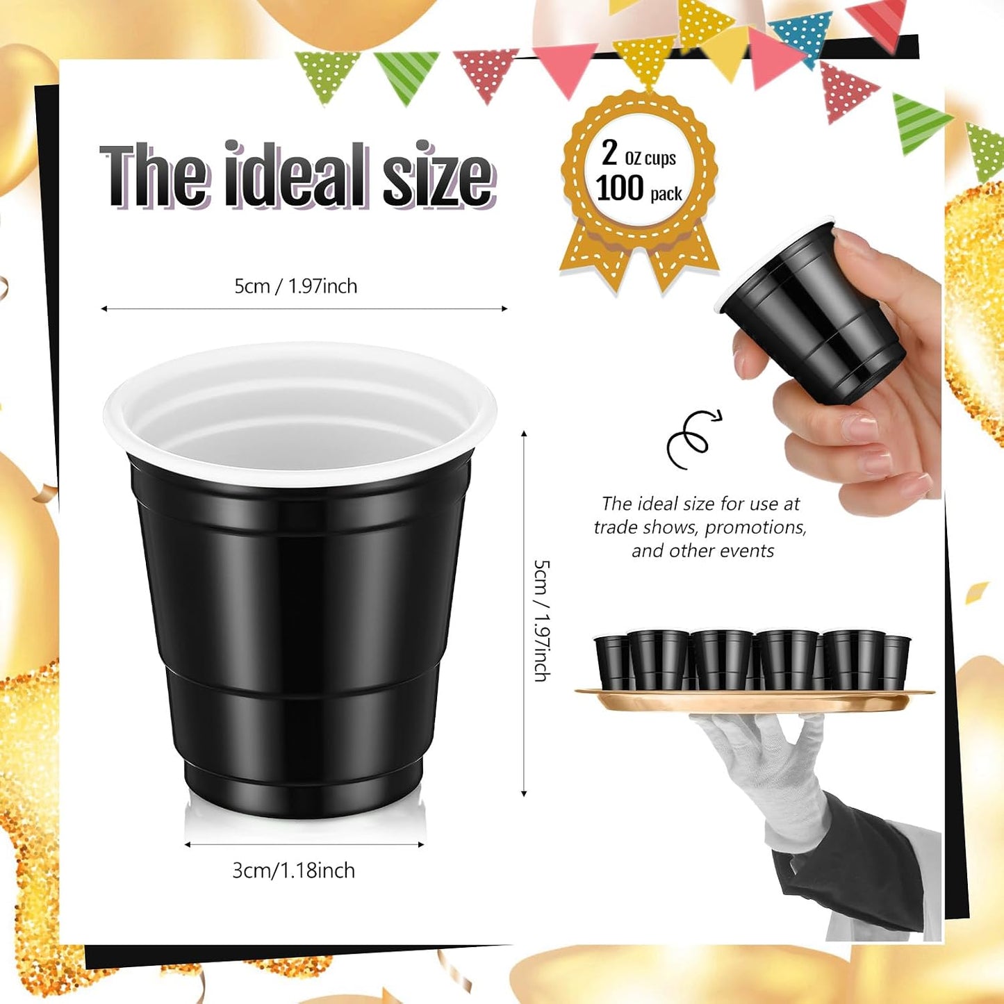 Roshtia 100 Pack 2 oz Plastic Shot Cups, Mini Disposable Shot Glasses 2 oz Wedding Party Cups for Bridal Shower Wedding Party, Beer Taste Serving, Snacks(Black, Gold)