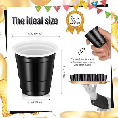 Roshtia 100 Pack 2 oz Plastic Shot Cups, Mini Disposable Shot Glasses 2 oz Wedding Party Cups for Bridal Shower Wedding Party, Beer Taste Serving, Snacks(Black, Gold)