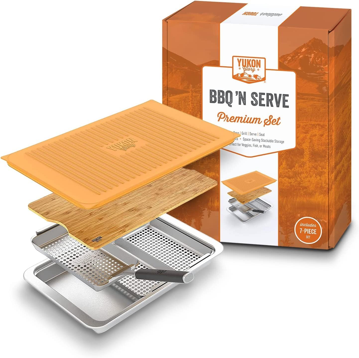 Yukon Glory™ BBQ 'N SERVE Premium Set, Includes 3 Grill Baskets, Serving Tray, Bamboo Cutting Board, Plastic Lid and Clip-on Handle