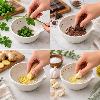 Marble Veins Multi‑Purpose Ceramic Prep Bowl with Herb Stripper Hole