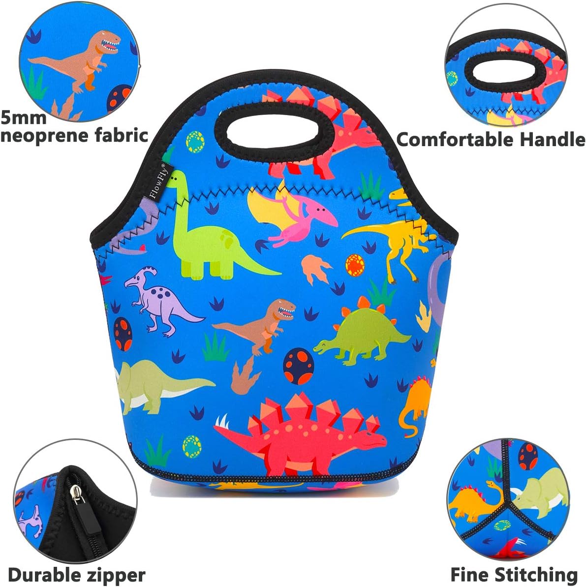 FlowFly Neoprene kids Lunch box Insulated Soft Bag Mini Cooler Thermal Meal Tote Kit for Boys, Girls,Men,Women,School,Work, Office,Black