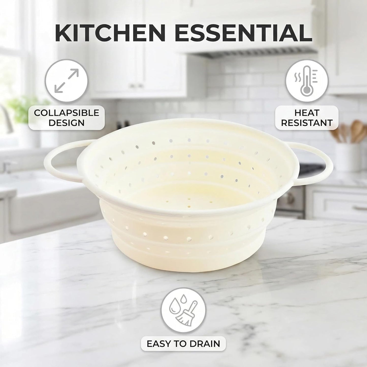 Collapsible Silicone Colander with Handles, Round Strainer with Stainless Steel Rim, Space Saving Kitchen Tool for Fruits & Vegetables,BPA-Free,Heat-Resistant Pasta Drainer(White, L)