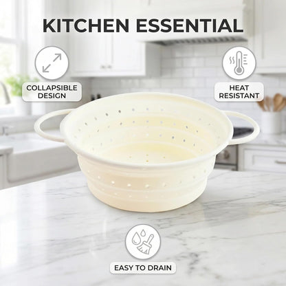Collapsible Silicone Colander with Handles, Round Strainer with Stainless Steel Rim, Space Saving Kitchen Tool for Fruits & Vegetables,BPA-Free,Heat-Resistant Pasta Drainer(White, L)