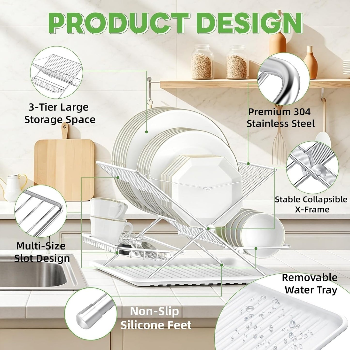 Expandable Over The Sink Dish Drainer Drying Rack, Stainless Steel Metal, Small Adjustable Dish Drainer Drying Rack for Kitchen Counter, Space Saving for Compact Kitchen