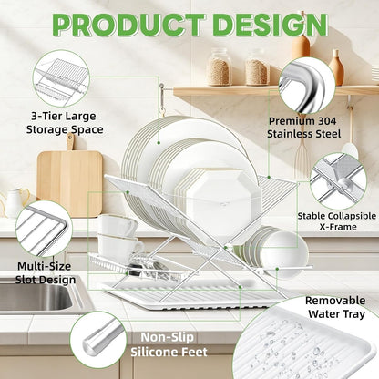 Expandable Over The Sink Dish Drainer Drying Rack, Stainless Steel Metal, Small Adjustable Dish Drainer Drying Rack for Kitchen Counter, Space Saving for Compact Kitchen