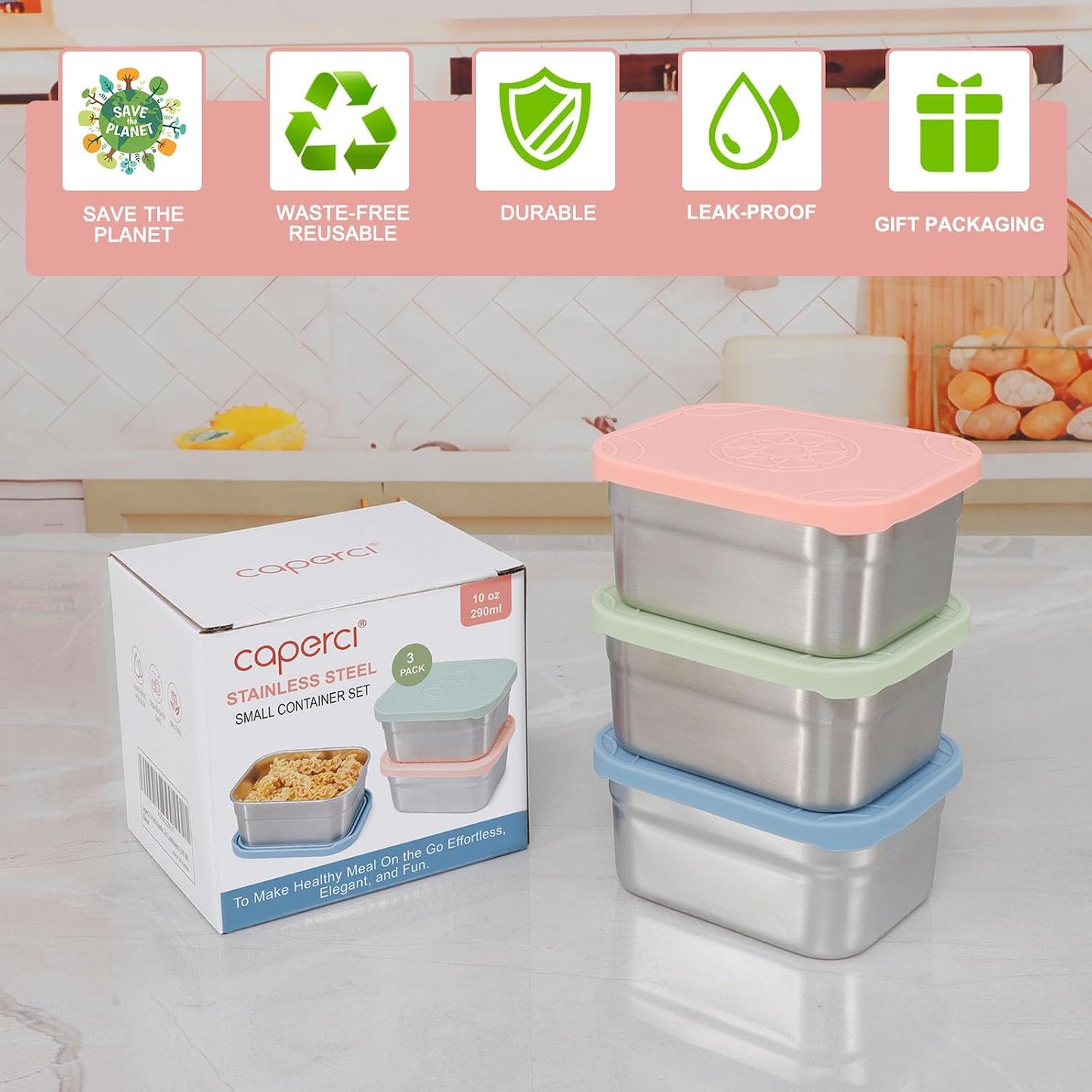 Caperci 25oz Stainless Steel Food Containers, 3-Pack Bento Lunch Box with Silicone Lids, Leak-Proof Reusable Meal Prep Container for Sandwiches & Snacks, BPA-Free (720ML)