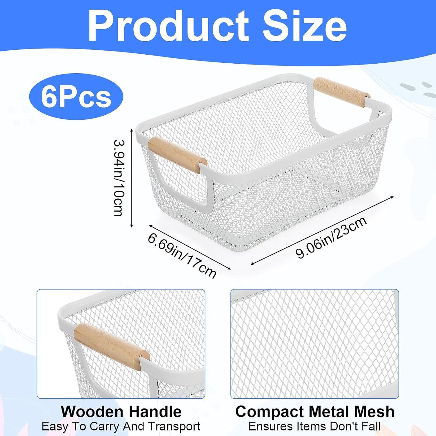 6 Pcs Metal Wire Basket with Wooden Handles, Mesh Steel Storage Organizer Bins for Home Office Kitchen Pantry Closet Fridge Organization, Small Size Cream White