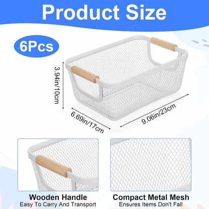 6 Pcs Metal Wire Basket with Wooden Handles, Mesh Steel Storage Organizer Bins for Home Office Kitchen Pantry Closet Fridge Organization, Small Size Cream White