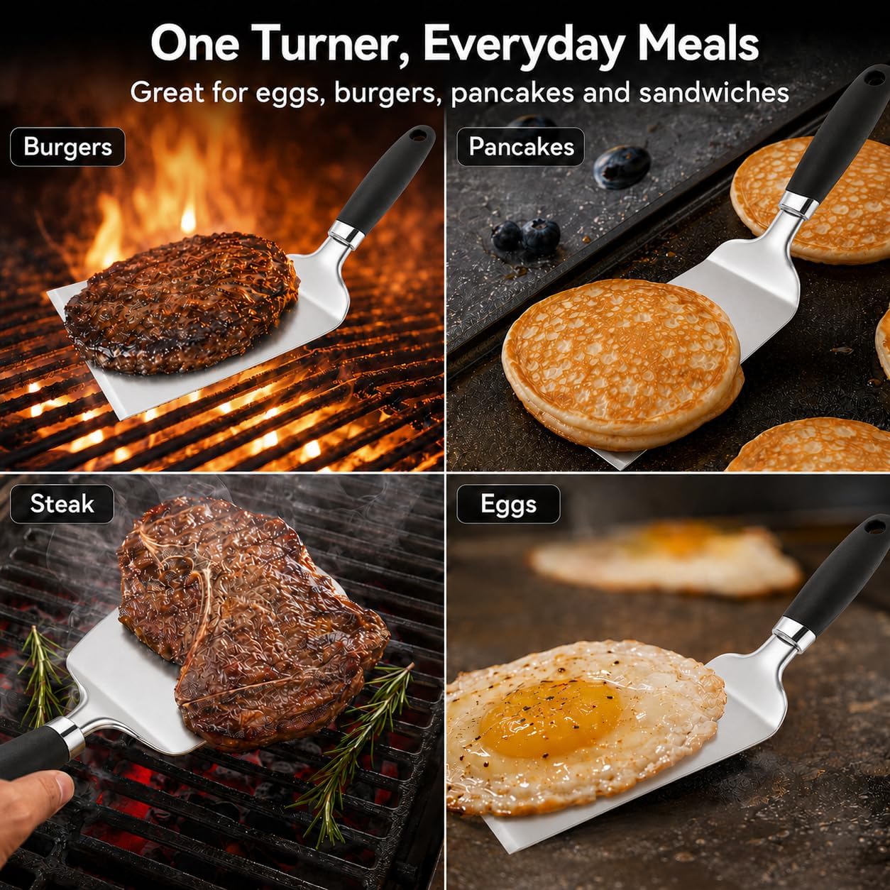 304 Stainless Steel Fish Spatula, Thin Flexible Slotted Fish Turner with Non-Slip Ergonomic Handle, Metal Spatula for Fish, Eggs, Burgers, Cast Iron & Griddle, Black