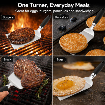 304 Stainless Steel Fish Spatula, Thin Flexible Slotted Turner | Non-Slip Ergonomic Handle, Metal Spatula for Fish, Eggs, Burgers, Cast Iron & Griddle, Black