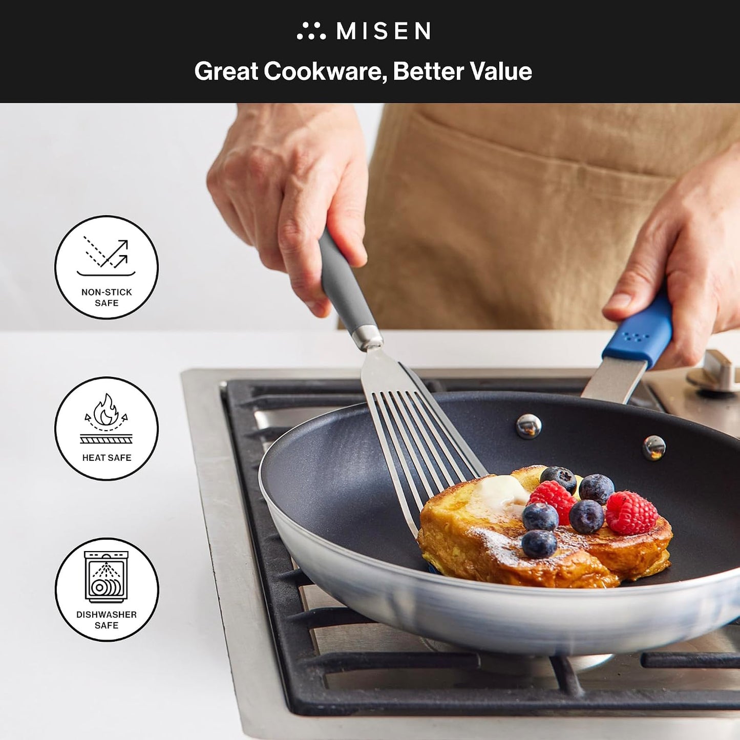 Misen Fish Stainless Steel Spatula - Slotted Turner for Cooking - Perfect for Frying - Heat Resistant - Dishwasher Safe -1mm Thick Flexible Flipper - Soft Silicone Grip Handle for Easy Use