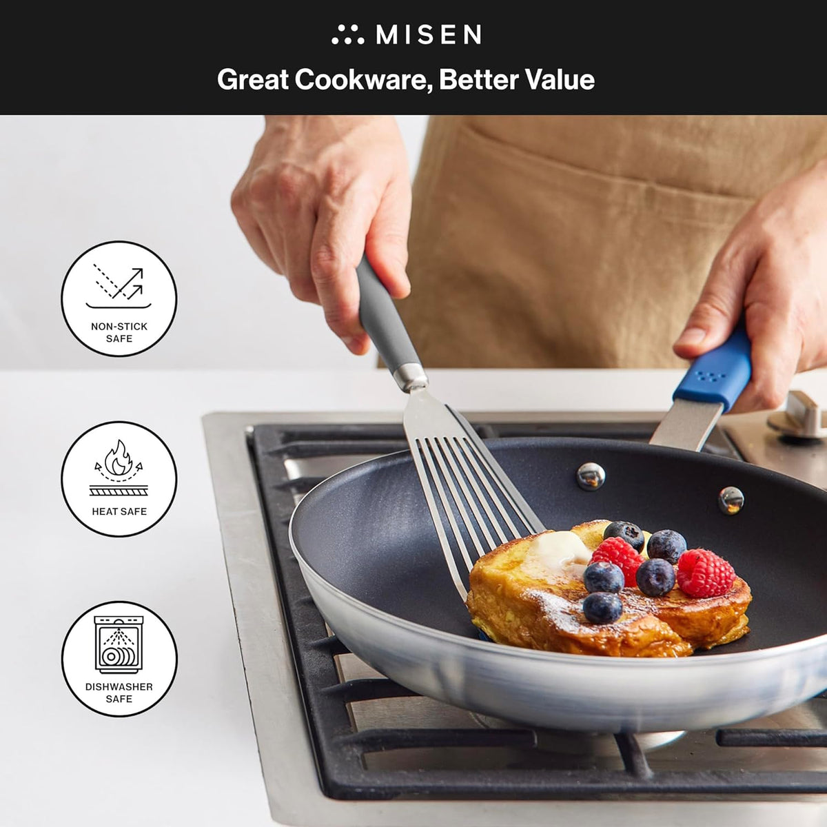 Misen Fish Stainless Steel Spatula - Slotted Turner for Cooking - Perfect for Frying - Heat Resistant - Dishwasher Safe -1mm Thick Flexible Flipper - Soft Silicone Grip Handle for Easy Use