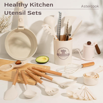 Astercook 39 PCS Kitchen Utensils Set, Silicone Cooking Utensil Sets with Wooden Handle, 446°F Heat Resistant Food Grade Spatula Set, BPA Free Kitchen Gadgets Tools Set & Spoons for Nonstick Cookware