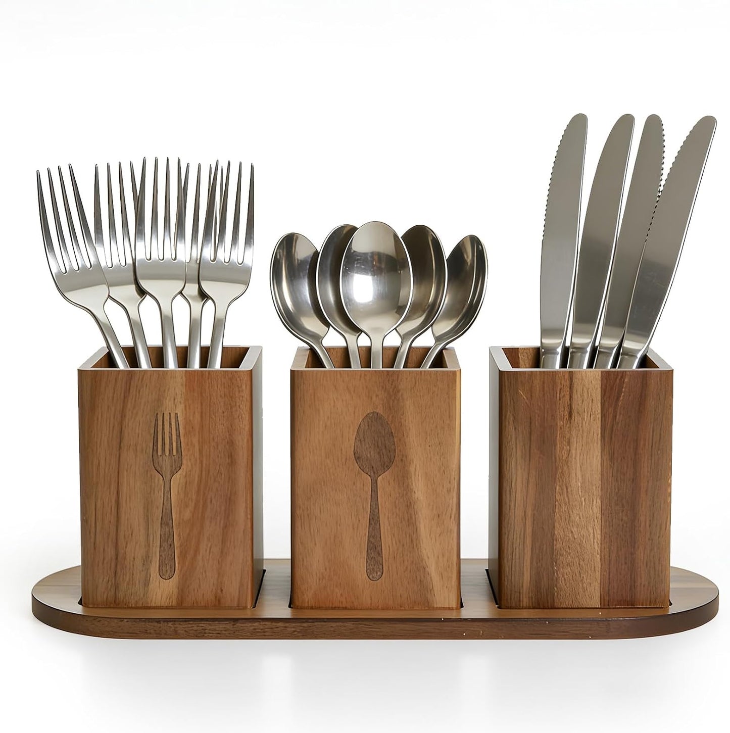 Takywep Acacia Wood Utensil Holder for Kitchen Countertop, Rustic Silverware Caddy Organizer Box, Cutlery Storage for Spoons Forks Knives, Holds Plates & Napkins, Farmhouse Kitchen Counter Organizer