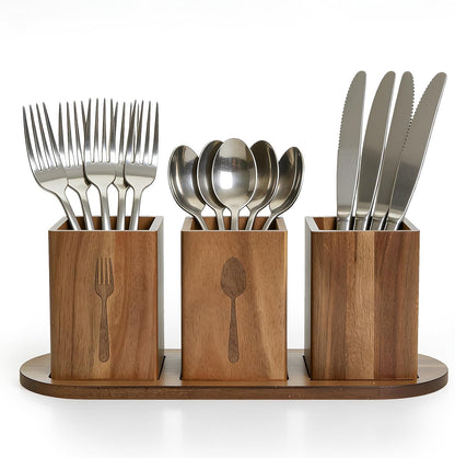 Takywep Acacia Wood Utensil Holder for Kitchen Countertop, Rustic Silverware Caddy Organizer Box, Cutlery Storage for Spoons Forks Knives, Holds Plates & Napkins, Farmhouse Kitchen Counter Organizer