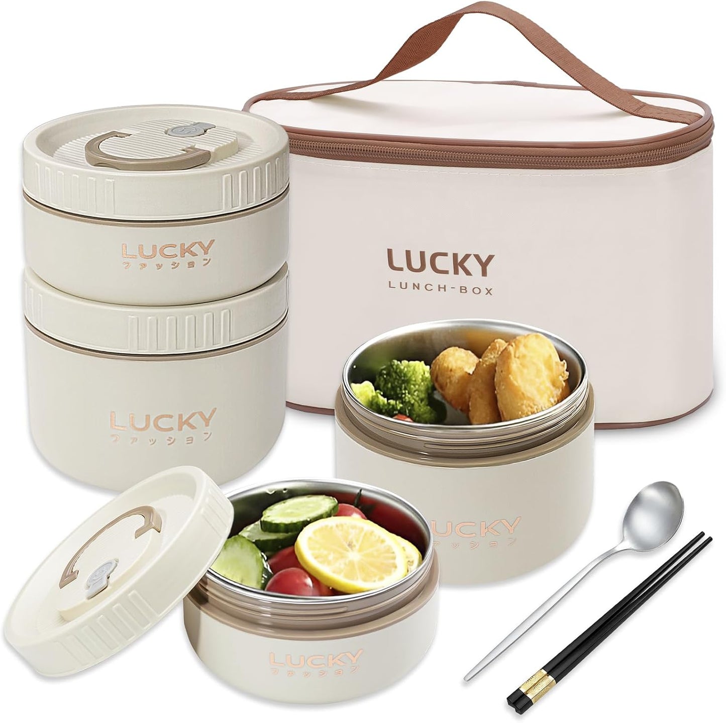 3 Compartments Bento Lunch box with Soup Bowl, Insulated Lunch Bag and Portable Utensils, Stainless Steel Camera Lunch Containers，Leak Proof Bento Box for Kids Adults Men Women…