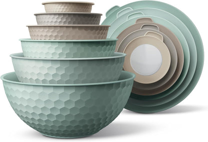 COOK WITH COLOR Mixing Bowls with Lids - 12 Piece Plastic Nesting Bowls Set includes 6 Prep Bowls and 6 Lids, Microwave Safe Mixing Bowl Set, Pink Embossed - Colors A