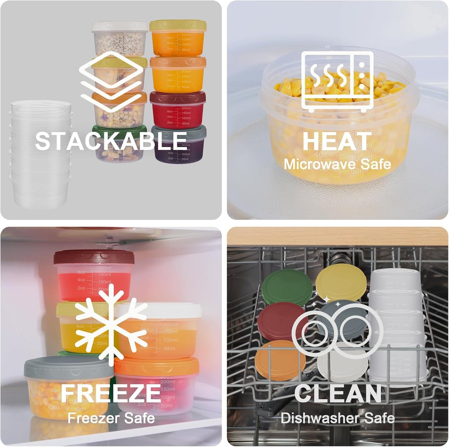 6pcs 10 oz Small Plastic Containers with Lids, Salad Dressing Container Reusable Small Food Storage Containers for Meal Prep, Leakproof, Microwave Dishwasher Freezer Safe, BPA-Free