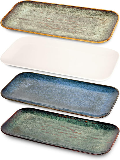 Porcelain Plate Set Large Serving Tray Set of 4, Reusable Serving Platters for Party Food, Cookie, Appetizer, Charcuterie, Snack, Dessert Display,Stackable Kitchen Dish 14.4 INCH