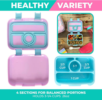 Bento Lunch Box with Bag, Water Bottle & Ice Pack Set for Kids Toddlers, 4 Portion Sections, Removable Tray, Pre-School Boy Toddler Daycare Lunches, Insulated Snack Container, Blue Space Dinosaur