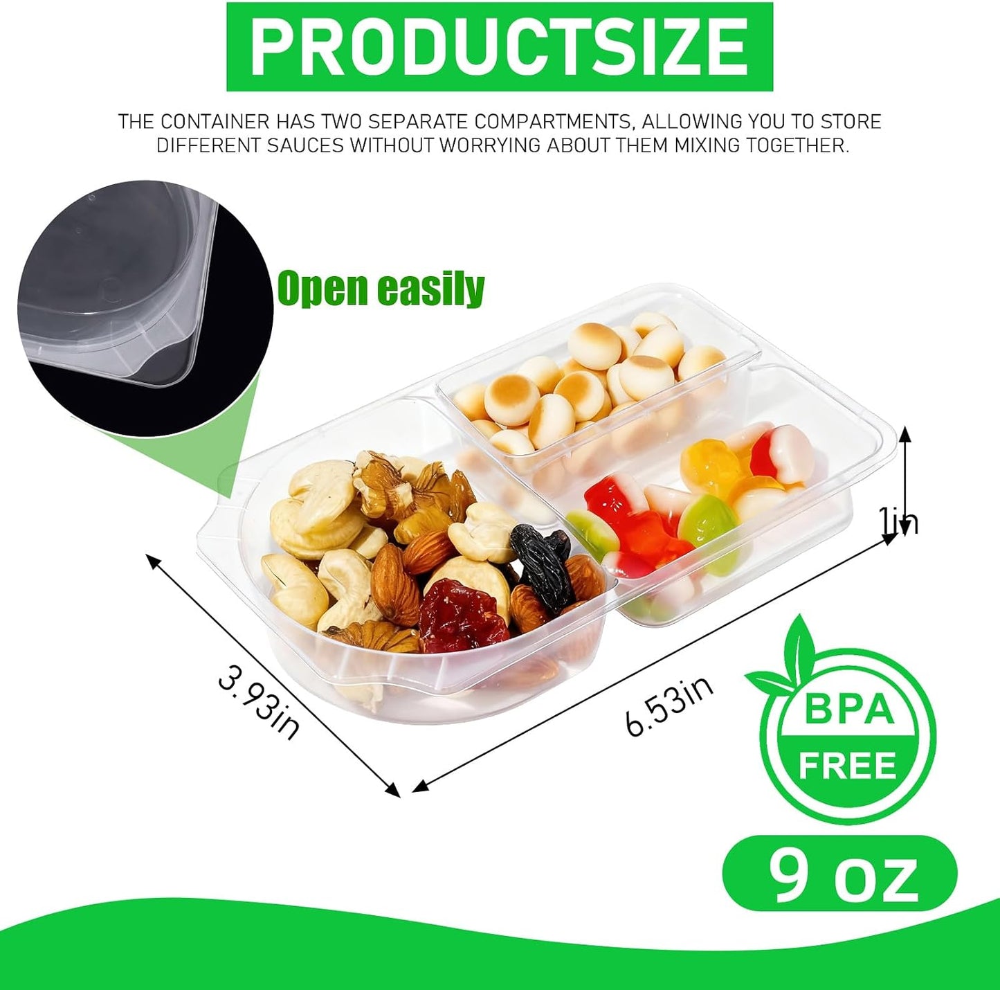 10 Sets 9oz Reusable Snack Containers with Lids – 3 Compartment Snack Pack Containers,Plastic Container for Sauce Snack –Snacks Meal Prep Travel