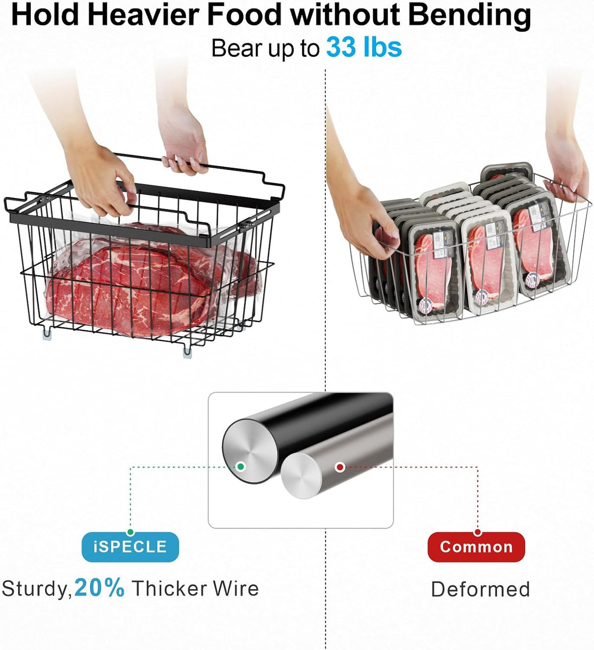 iSPECLE Chest Freezer Organizer - Adjustable Width & Extra Depth, 3 Pack | For 5-7 Cu Ft Chest Freezers, Stackable Large Freezer Organizer Bins, Easy Food Access & Organization, No Wasted Space, White