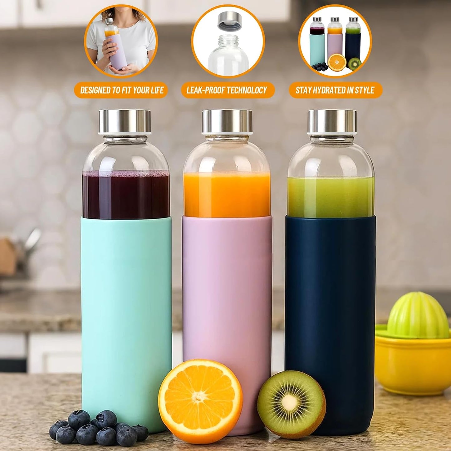 Clear Glass Bottles with Lids 18 oz, Reusable Glass Water Bottles with Stainless Steel Cap for Refrigerator, Juicing, 100% Leak Proof, BPA Free, Juice Bottle Drinking Jar Containers Set of 6