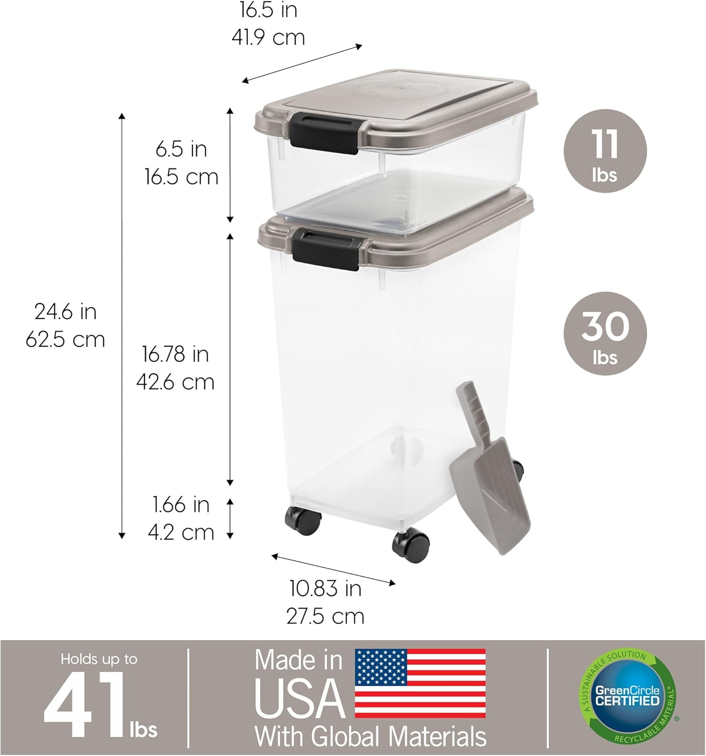 IRIS USA Dog Food Storage Container 30 lb + 11lb Airtight Combo, Stackable Pet Food Storage Bin with Wheels for Cat Dog Food, BPA Free, Made in USA, Black