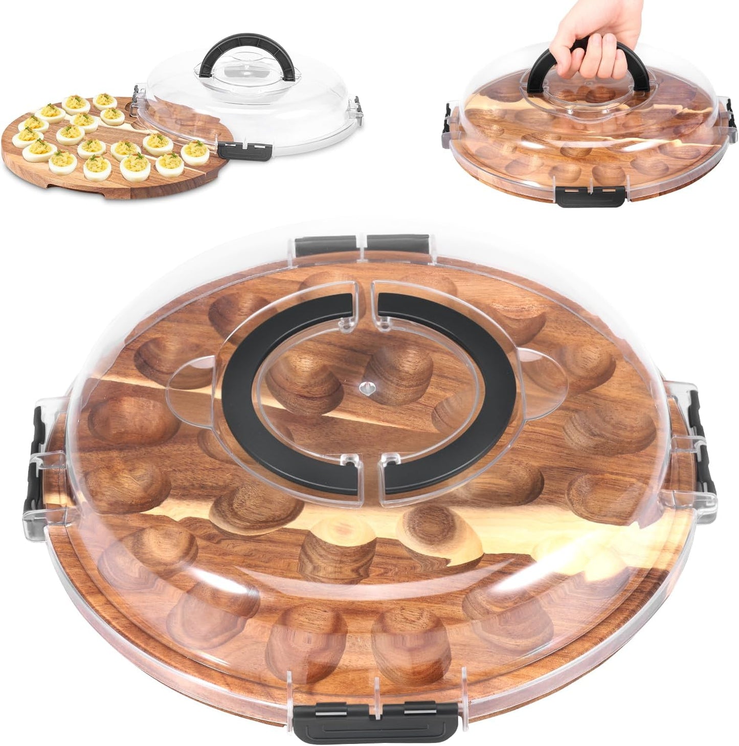 Deviled Egg Container with Lid, 2026 Upgraded Wooden Deviled Egg Platter Carrier Holder Trays with 24 Slots for Party and Home Kitchen Countertop Clear Lid Dishwasher Safe