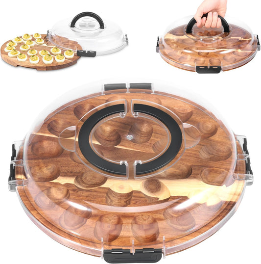 Deviled Egg Container with Lid, 2026 Upgraded Wooden Deviled Egg Platter Carrier Holder Trays with 24 Slots for Party and Home Kitchen Countertop Clear Lid Dishwasher Safe
