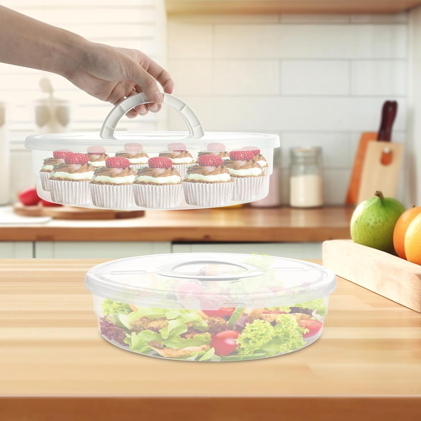 2 Pcs Clear Pie Containers With Lids and Handle, Round Plastic Pie Carrier Reusable Leftover Pizza Storage Container Box Double-Layer Food Tray with Cover for Cake Cookies Cheesecake Pastry