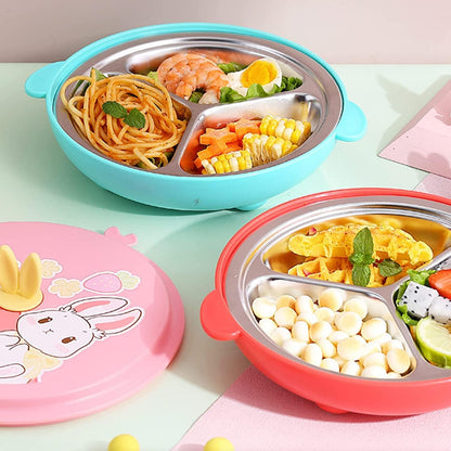 3 Compartment Portion Plate with Lid Heat Insulate Dinner Plate for Adults - Portion Control Divided Plates Tray 304 Stainless Steel Camping Plate
