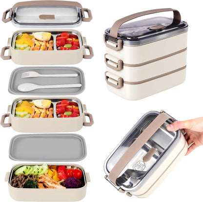 Stainless Steel Bento Box for Adults&Kids,Japanese Leakproof Lunch Box Divided Food Meal Storage Containers Set Stackable 2 Layer for Children School Picnic Beige