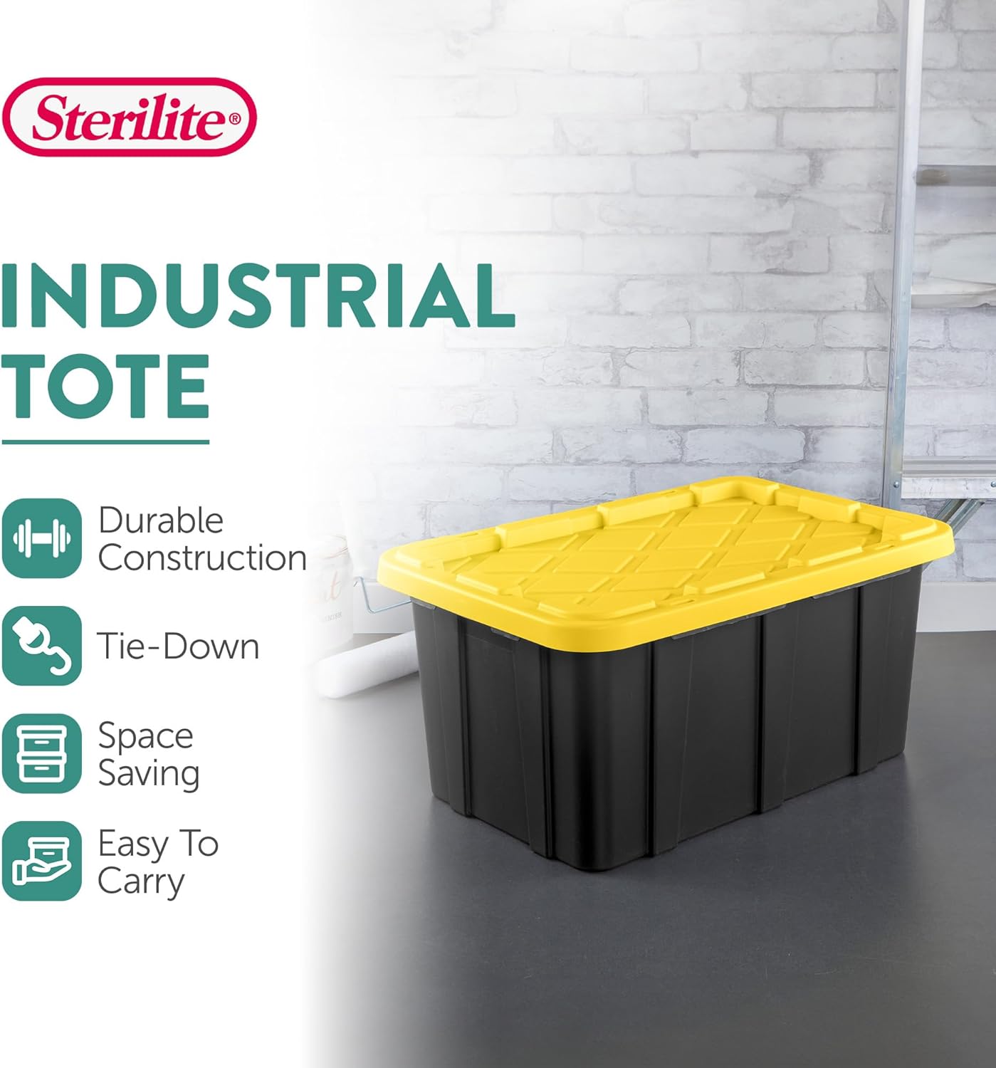 Sterilite 4-Pack 27 Gallon Industrial Storage Tote, Heavy-Duty Plastic Bins, Black/Yellow - Stackable Utility Organizers with Lids for Garage, Camping Tools, and Outdoor Gear