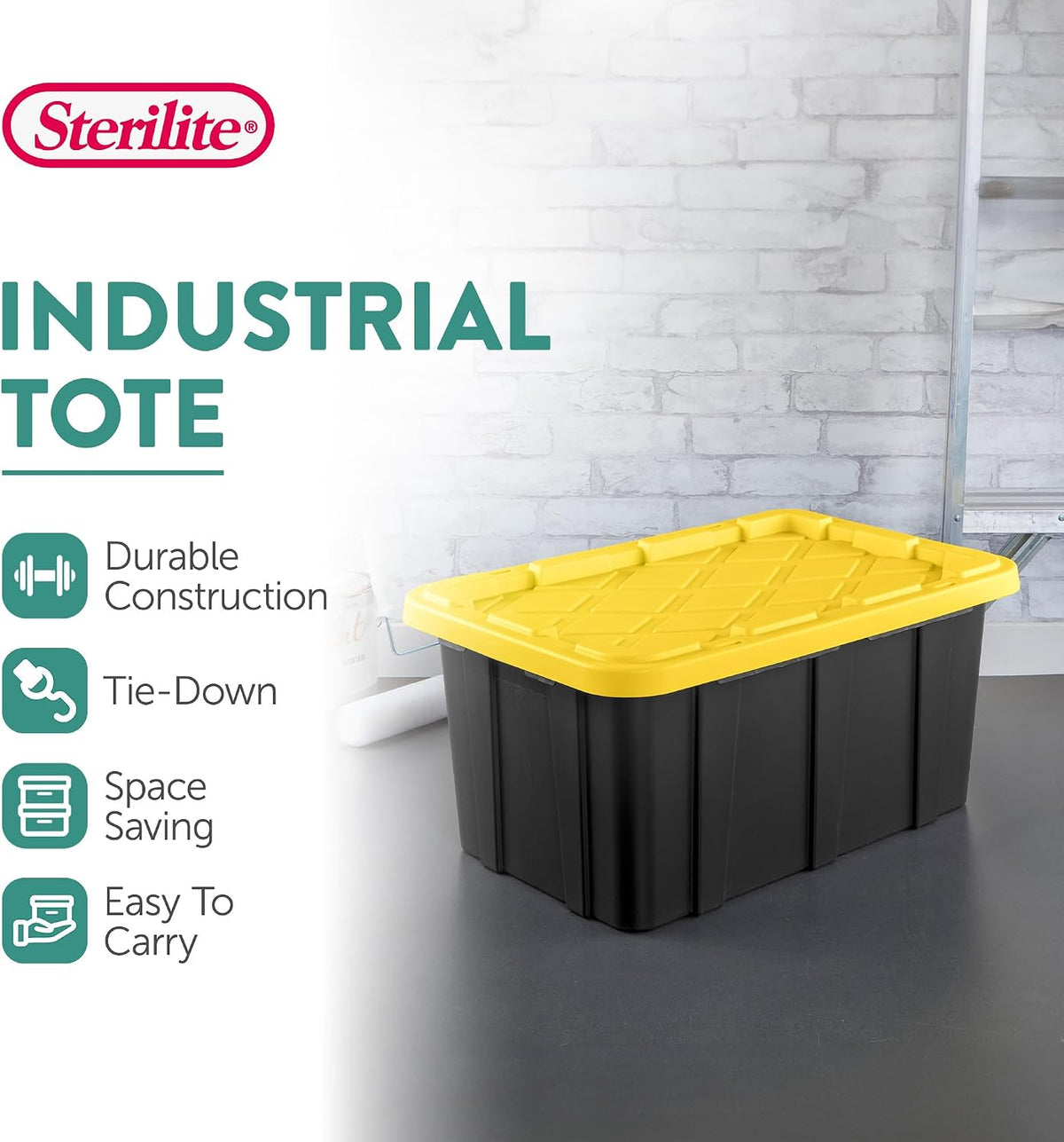 Sterilite 4-Pack 27 Gallon Industrial Storage Tote, Heavy-Duty Plastic Bins, Black/Yellow - Stackable Utility Organizers with Lids for Garage, Camping Tools, and Outdoor Gear