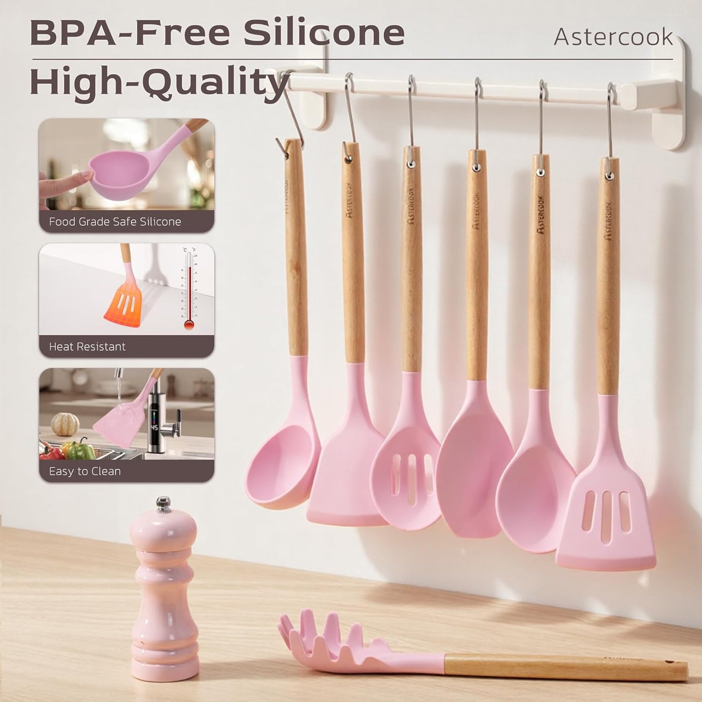 Astercook 39 PCS Kitchen Utensils Set, Silicone Cooking Utensil Sets with Wooden Handle, 446°F Heat Resistant Food Grade Spatula Set, BPA Free Kitchen Gadgets Tools Set & Spoons for Nonstick Cookware
