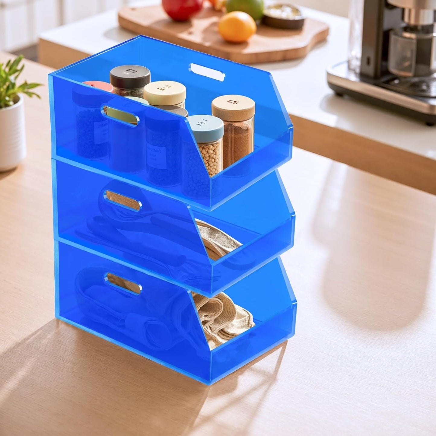 Gelite Stackable Storage Bins Open Front Clear Organizer Bins with Handles Acrylic Storage Container for Pantry Kitchen Cabinet Bathroom Closet Office Organization, 11.4x7.5x5.1''