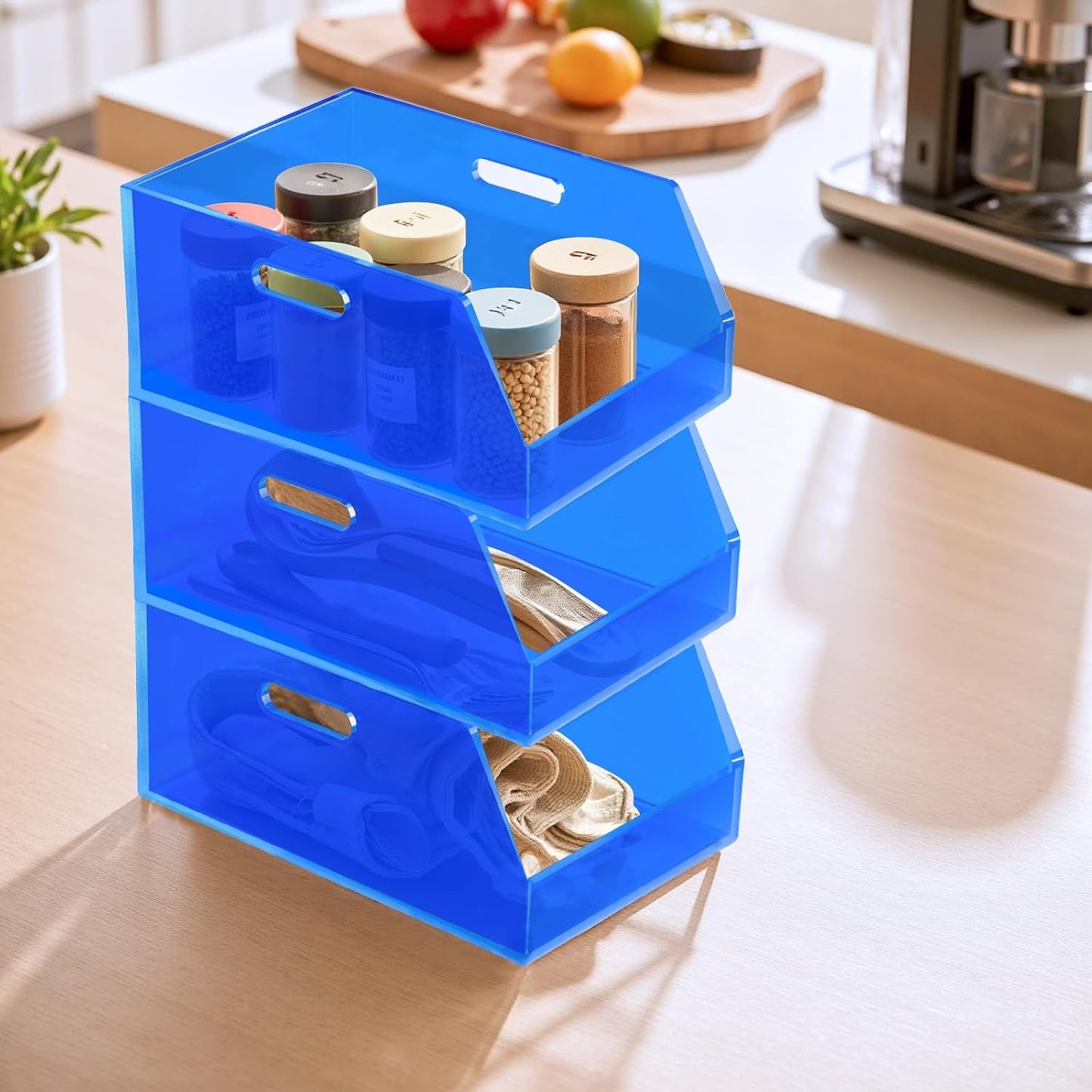 Gelite Stackable Storage Bins Open Front Clear Organizer Bins with Handles Acrylic Storage Container for Pantry Kitchen Cabinet Bathroom Closet Office Organization, 11.4x7.5x5.1''