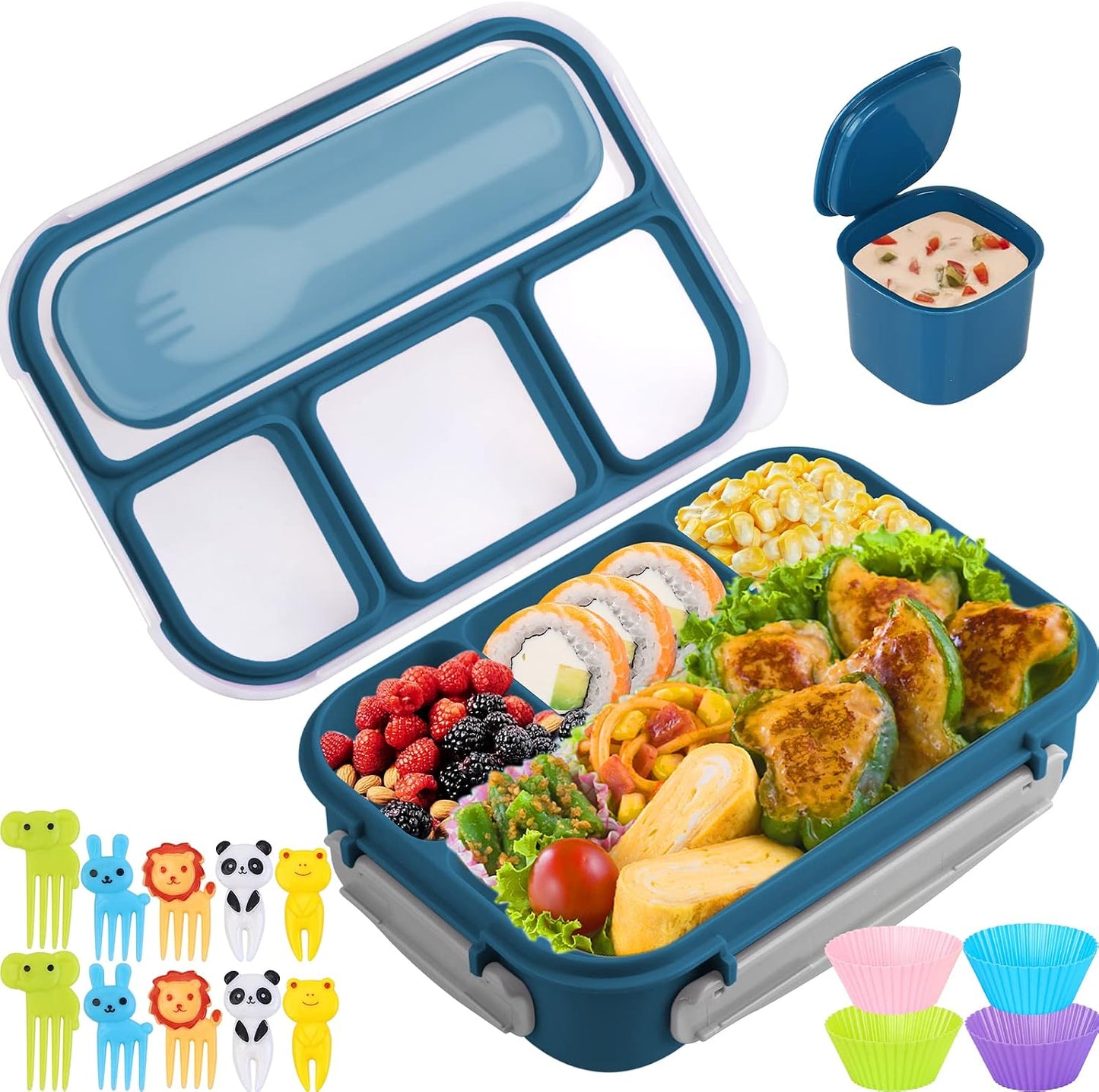 Yumuk Bento Box Adult, Lunch Box Containers for Adults Men Women, 5 Cup Bento with 4 Compartments &Spork &Sauce Box, Leak-Proof, Microwave/Dishwasher Safe(Beige)