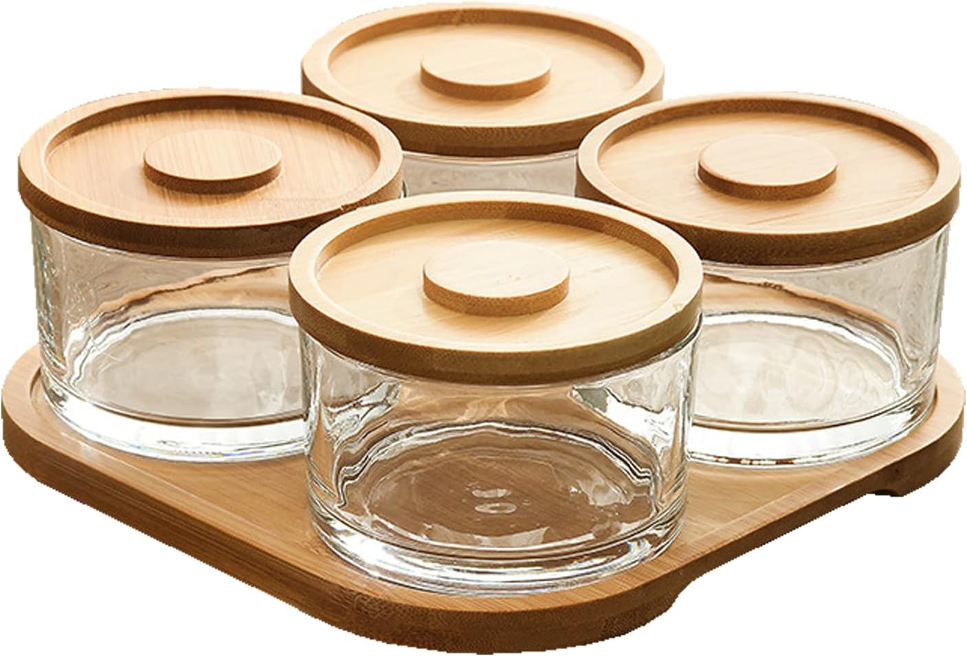 Chip and Dip Serving Set with Bamboo Tray, Snack Candy Fruit Nut Serving Platter, Small Glass Dipping Serving Bowls with Lids for Condiments, Side Dishes, Pre, Dessert, Salsa (3 Slots)