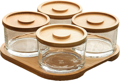 Chip and Dip Serving Set with Bamboo Tray, Snack Candy Fruit Nut Serving Platter, Small Glass Dipping Serving Bowls with Lids for Condiments, Side Dishes, Pre, Dessert, Salsa (3 Slots)